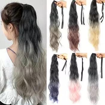 Синтетический конский хвост, длинный, с водной рябью, конский хвост, накладные волосы, термостойкий конский хвост, черный градиент, серый для женщин