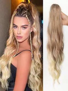 Синтетический конский хвост, вьющиеся волнистые волосы на заколке для женщин, темно-коричневый микс, омбре, блонд, ежедневное использование 24inch