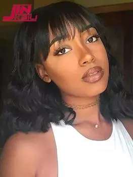 Синтетический короткий черный парик Волнистые парики боб с челкой