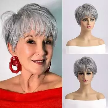 Синтетический короткий вьющийся парик с челкой для женщин, термостойкие волосы, натуральный черный парик, повседневное использование, вечерние парики для косплея серый ясень