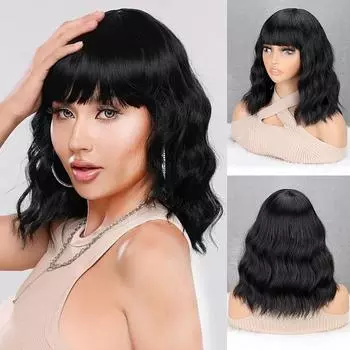 Синтетический короткий волнистый парик MERISIHAIR с челкой, синтетический парик для начинающих, термостойкий для женской одежды 30cm