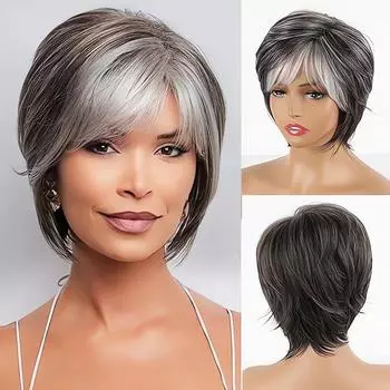 Синтетический микс серый черный белый парик серебристые парики для женщин натуральные волнистые вьющиеся волосы мамочки парик с челкой термостойкий волокнистый парик черный белый