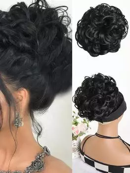 Синтетический парик, черный, небрежный пучок, эластичная завязка, bb-зажим, свободная волна, большой кудрявый пучок, короткий синтетический хвост, удлиненный пучок для повседневного использования женщинами 10inch