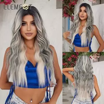 Синтетический парик Длинные волнистые вьющиеся омбре темного цвета от топа до смешанных белых блондинок и париков черного цвета для женщин, термостойкие