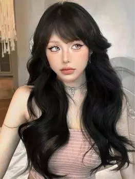 Синтетический парик Длинный натуральный волнистый ЧЕРНЫЙ 24-дюймовый парик с челкой Женский термостойкий парик из натуральных волос для повседневного косплея Хэллоуина Парики для вечеринок 24inch