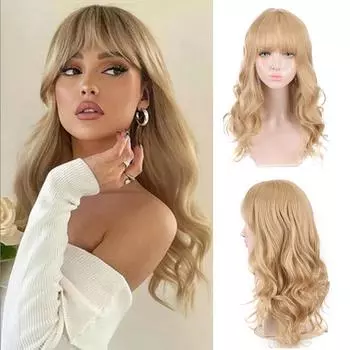 Синтетический парик Длинный вьющийся парик Волна Женская мода Естественный темперамент Челка Головные уборы из химического волокна