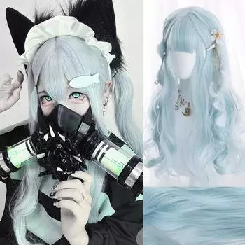 Синтетический парик из длинных вьющихся волос цвета морской волны, женское платье Лолиты на Хэллоуин, милая прямая челка, длинный вьющийся парик из волос 60CM