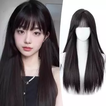 Синтетический парик из натуральных длинных прямых волос, корейский черный, 65 см, с челкой 24inches чёрный