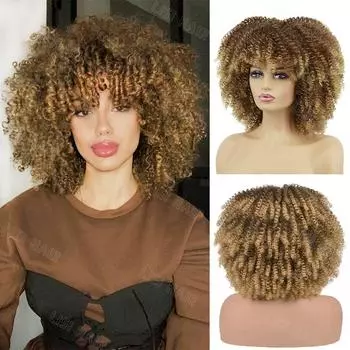Синтетический парик из волос 12 дюймов, кудрявый афро-парик с челкой, полностью машинной работы, парик для женщин, кудрявые вьющиеся волосы, парик для косплея 30cm