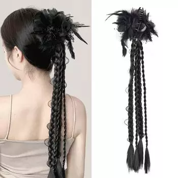 Синтетический парик «Конский хвост» с ручкой из перьев розы, женский твист, боксерская коса с перьями, с ручкой в виде розы, низкий боковой хвост 40CM