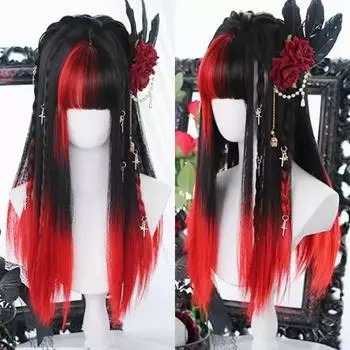 Синтетический парик Лолита женский классический великолепный черный мелированный красный длинные прямые волосы с челкой рождественский косплей вечеринка парик 55CM
