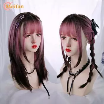 Синтетический парик Лолиты, длинный прямой, розовый, с постепенным коричневым омбре, с челкой, женский парик для косплея