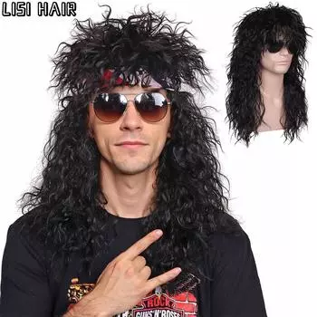 Синтетический парик MERISIHAIR для косплея, мужской и женский, 70-х, 80-х годов, длинный вьющийся черный рокерский костюм, парик 35cm