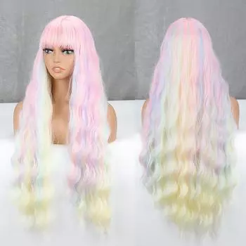 Синтетический парик MERISIHAIR Красивый длинный волнистый розовый, синий, желтый, зеленый парик с челкой, синтетический парик, косплей, вечеринка, повседневная одежда 70CM