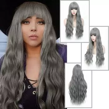 Синтетический парик Rosa Star Длинный волнистый серый парик с челкой Дешевые натуральные женские высококачественные волосы из высокотемпературного волокна для ежедневного использования 28 28inches
