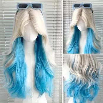 Синтетический парик с белым золотом и синими волнами, женский нежный и элегантный парик в стиле Лолиты, небольшая кружевная челка, большие волны, длинный кудрявый парик 65CM