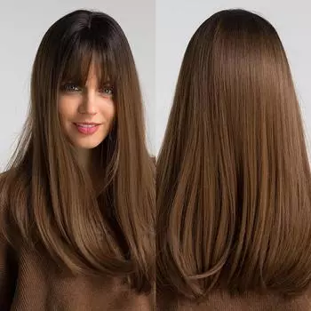 Синтетический парик с челкой, Омбре, черные, темно-коричневые, длинные прямые парики для чернокожих женщин и девочек, косплей, вечерние повседневные волосы