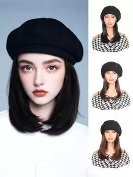 Синтетический парик-шляпа, черный берет с накладными волосами для женщин и девочек, шляпа и парик в одном куске для ежедневного использования 12inch