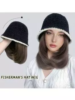 Синтетический парик-шляпа, натуральный черный, короткие волосы на ключицах, теплый, осень-зима, парик-шляпа рыбака