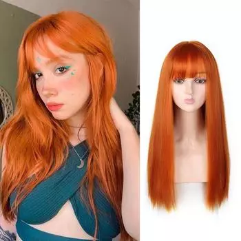Синтетический парик WTB, оранжевый, с прямой челкой, длинный парик из прямых волос, высокотемпературное химическое волокно, полное покрытие головы