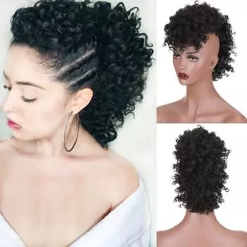 Синтетический парик XINRAN для чернокожих женщин ирокез, странные вьющиеся волосы, пучок, афро, высокий пышный короткий хвост с челкой 45cm