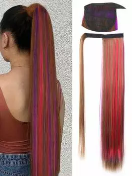 Синтетический прямой хвостик, 28 дюймов, натуральные длинные хвостики на липучке, обернутые вокруг зажима в конском хвосте, синтетические шиньоны для женщин 28inch