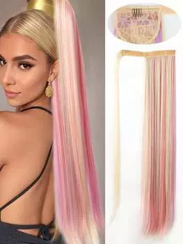 Синтетический прямой хвостик, 28 дюймов, натуральные длинные хвостики на липучке, обернутые вокруг зажима в конском хвосте, синтетические шиньоны для женщин 28inch