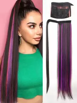 Синтетический прямой хвостик, 28 дюймов, натуральные длинные хвостики на липучке, обернутые вокруг зажима в конском хвосте, синтетические шиньоны для женщин 28inch