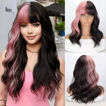 Синтетический розовый микс черный парик с челкой короткий волнистый парик свободный волнистый длиной до плеч цветной костюмный парик для женщин девочек косплей 30cm