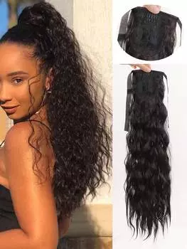 Синтетический шнурованный длинный волнистый хвост из кукурузы, термостойкий волнистый хвост, черный коричневый шиньон для женщин 22inch