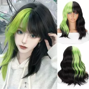 Синтетический зеленый микс черный парик с челкой короткий волнистый парик длиной до плеч цветной костюмный парик для женщин девочек косплей 30cm