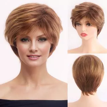 Синтетический золотисто-коричневый блонд смешанный парик короткие волнистые пушистые парики для женщин ежедневный искусственный парик с челкой высокотемпературное волокно золотисто-коричневый