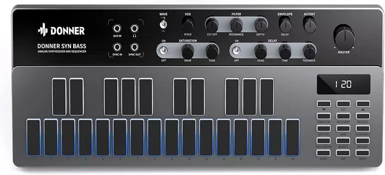 Синтезатор Donner Essential B1 Аналоговый басовый секвенсор 128 паттернов Светодиодный экран с подсветкой MIDI-терминала USB-типа Музыкальное производство Японский