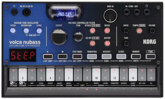 Синтезатор KORG Bass Machine Volca Nubass Схема с лампой, оснащенная 16-шаговым секвенсором Nutube Динамик на батарейках Компактный размер, который может