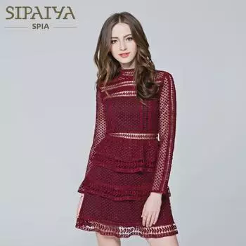 Sipaiya 2024 Весна Женское Кружевное Платье с Вырезом и Воротником-стойкой Small красный