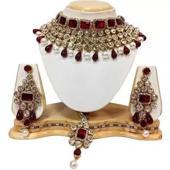 Сияющее хрустальное колье Diva, традиционное ювелирное ожерелье, комплект с серьгами Maang Tikka для женщин (красный)