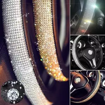 Сияющий алмазный автомобильный чехол на руль Универсальный 38 см из искусственной кожи с кристаллами противоскользящий автомобильный интерьер разноцветный