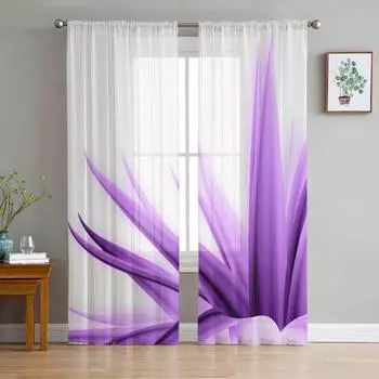 Сиреневые цветы Абстрактное искусство рабочего стола Шифоновые прозрачные шторы для гостиной Спальня Украшение окна Вуали Тюль Шторы W135 x H115cm x1&Rod Pocket