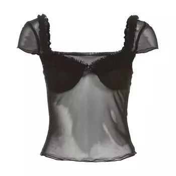 # Sisjuly# Fashion Chic Sexy Wind Silm Sexy Square-Neck Sheer Mesh Patchwork Easy Matching Short Sleeve T-shirt for Women Black S