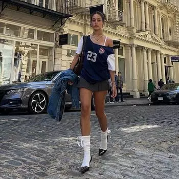 Sisjuly Fashion High Street Loose Oblique Shoulder Print T-shirt Dark blue M