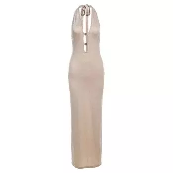 # Sisjuly# Fashion Wind Sexy Sexy Sneaky Design Hollow out V-neck Bright Silk Texture Halterneck Dress Female Khaki S