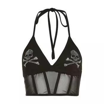 # Sisjuly# Gothic Dark Sexy Wind Rock Skull Hot Drilling Print Tight Sleeveless Small Sling Women Black L