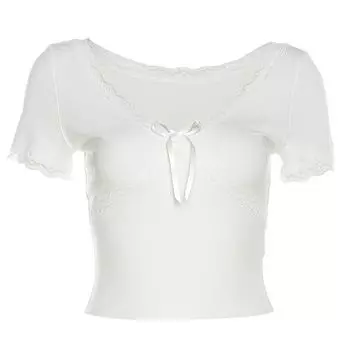 # Sisjuly# Niche Style Sexy Lace Lace Sexy V-neck All-Matching T-shirt Female Stylish Elegant Slim Looking Tops White S