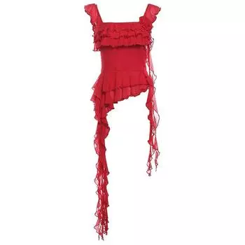 # Sisjuly# Summer Fresh Cream Color Ruffles Layered Ribbon Waist Trimming Versatile Sexy Little Suspenders Female Red M