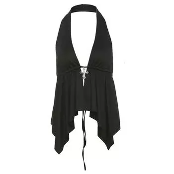 # Sisjuly# Темная девушка-пионерка Сексуальный Сексуальный Нишевый дизайн Халтер Без спины Топы-слинги Женская мода Black S