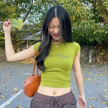 # Sisjuly#Ulzzang Everyday Joker Tight-Fitting Cinched Letter Print T-shirt Women s Elegant Slim Looking Short Top Green L