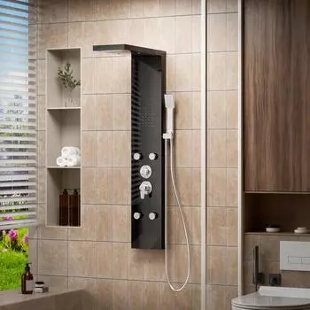Система душевых панелей, простое управление температурой, защита от известкового налета, душевая лейка, мягкий душ с эффектом дождя чёрный