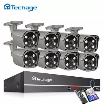 Система камер безопасности Techage, 8 каналов, 5 МП, HD, POE NVR, комплект видеонаблюдения, двустороннее аудио, AI, обнаружение лица, набор IP-камер наружного видеонаблюдения