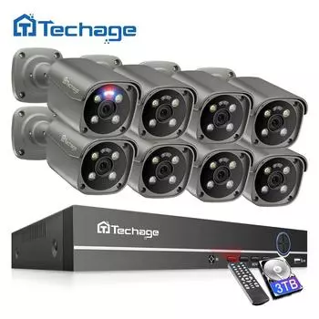 Система камер безопасности Techage Ultra HD 8MP POE NVR, двусторонняя аудиосвязь с обнаружением лица, цветная система видеонаблюдения ночного видения, комплект видеонаблюдения