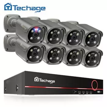 Система камер видеонаблюдения Techage 4K Ultra HD 8MP POE NVR, двусторонняя аудиосвязь с обнаружением лица, цветная система видеонаблюдения ночного видения, комплект видеонаблюдения